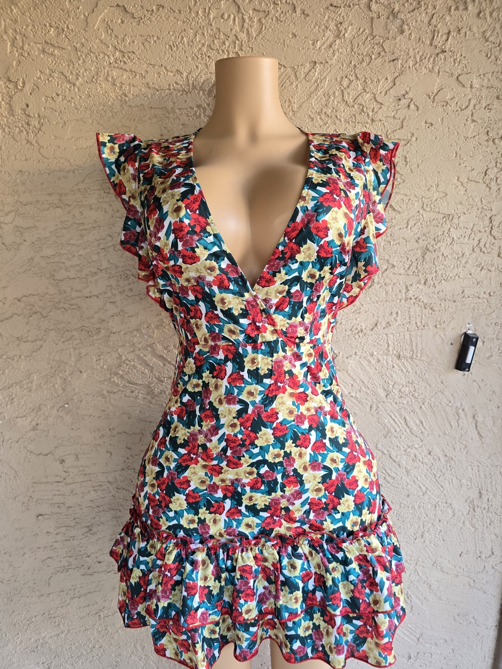 Deep V Floral Ruffle Mini Dress - Multi-Color - Picture 9 of 11